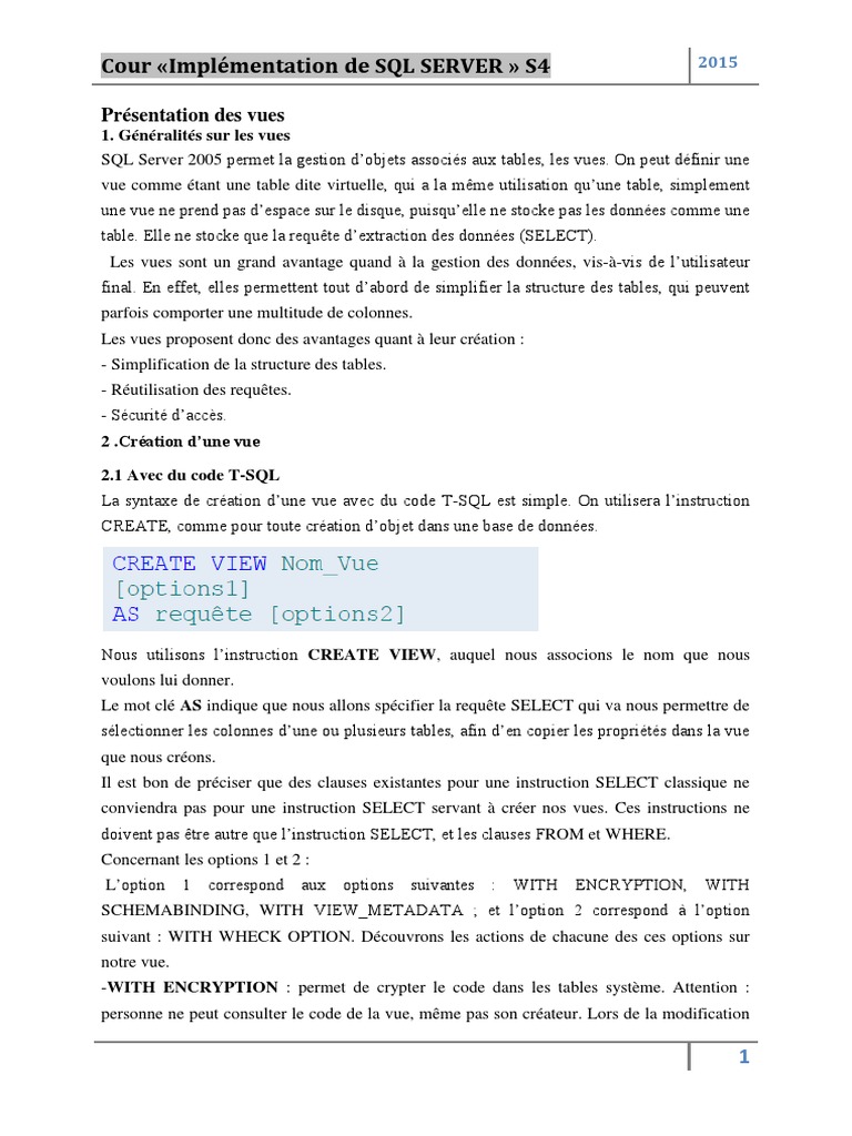 Création et gestion des vues SQL Server | PDF | Microsoft SQL Server | SQL