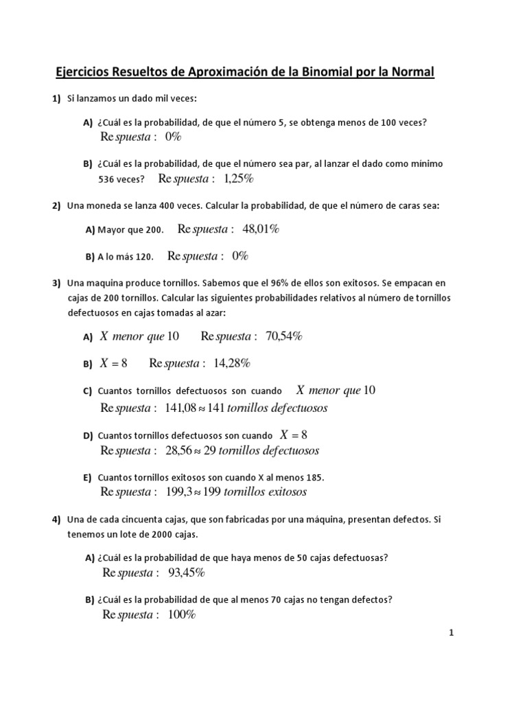 Ejercicios Resueltos De Aproximacion De La Binomial Por La Normal PDF 