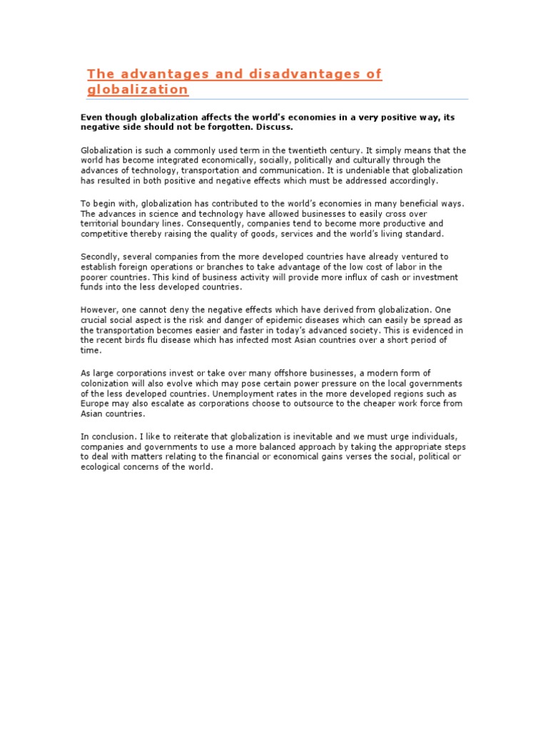 The Advantages and Disadvantages of Globalization | PDF