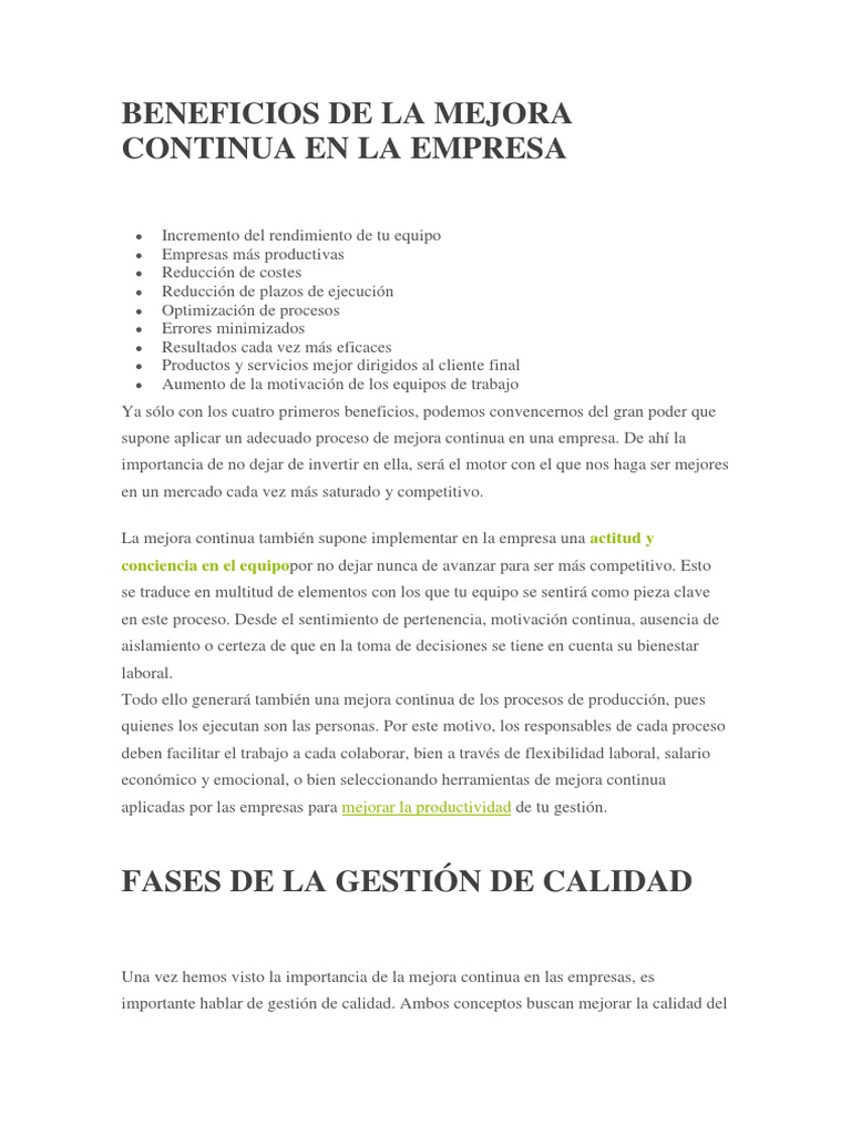 Beneficios de la Mejora Continua Empresarial | PDF | Calidad (comercial ...