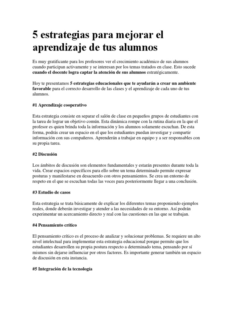 5 Estrategias para Mejorar El Aprendizaje de Tus Alumnos | PDF ...