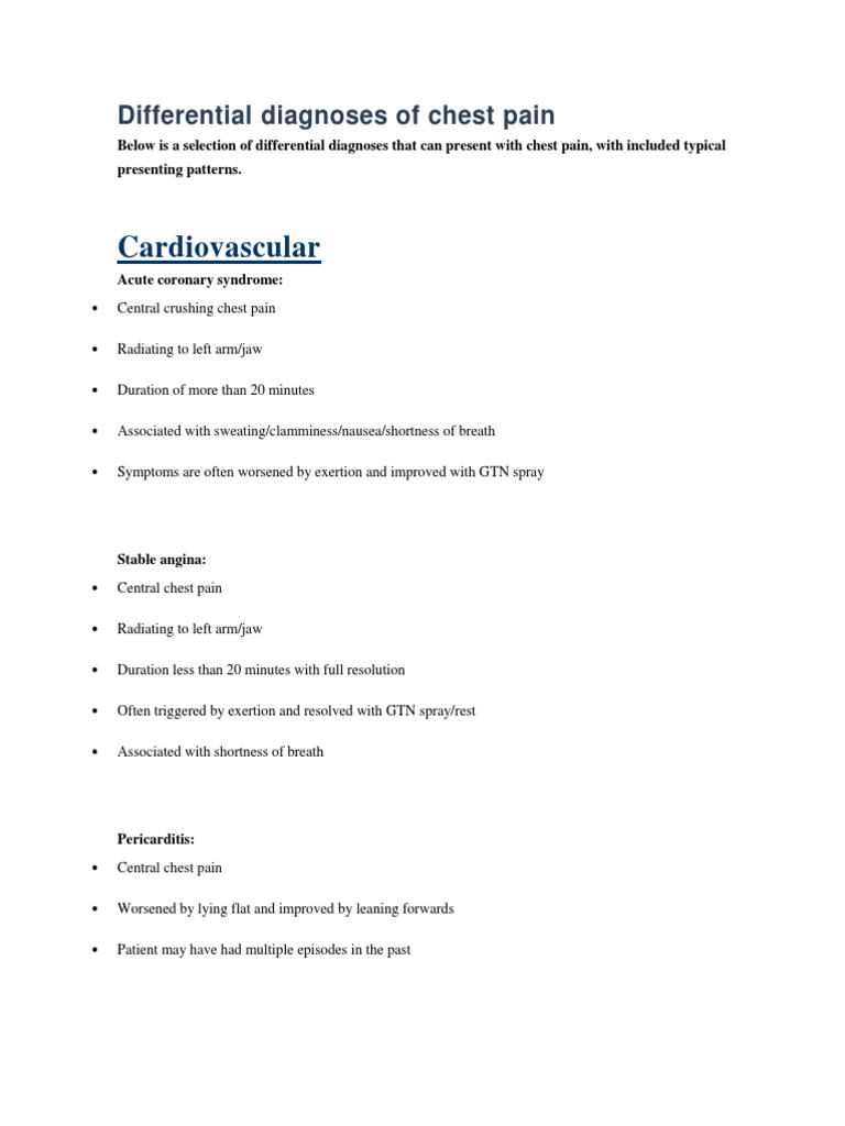 Chest Pain Differential Diagnoses Guide | PDF