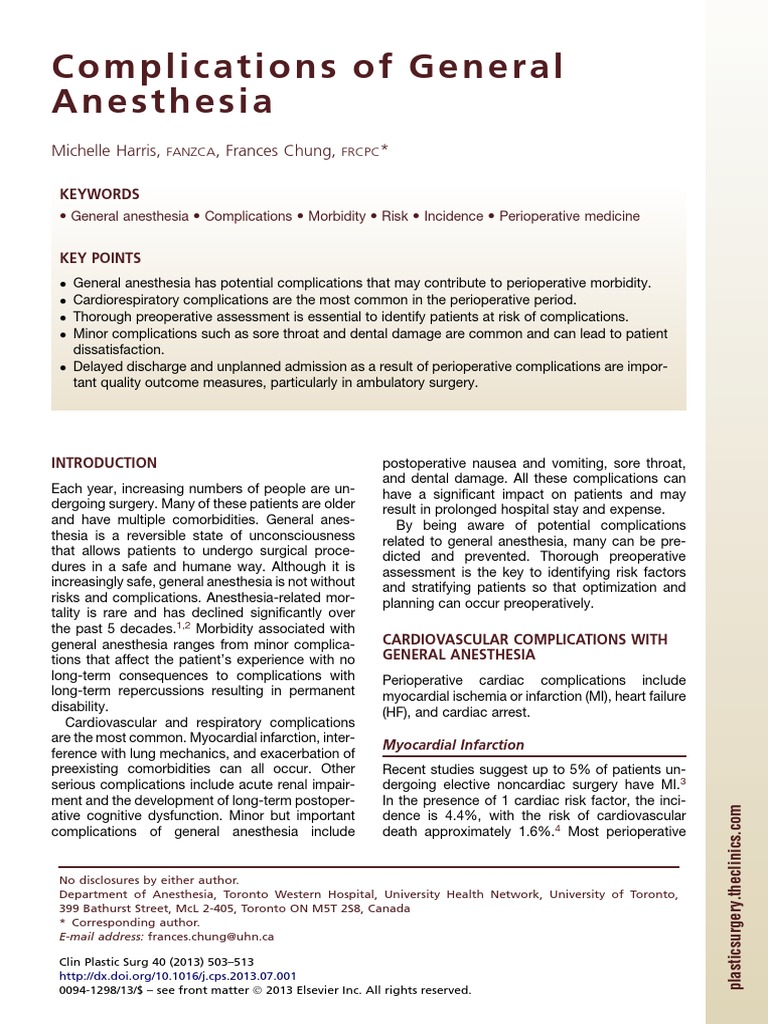 Complications of General Anesthesia PDF Anesthesia Surgery