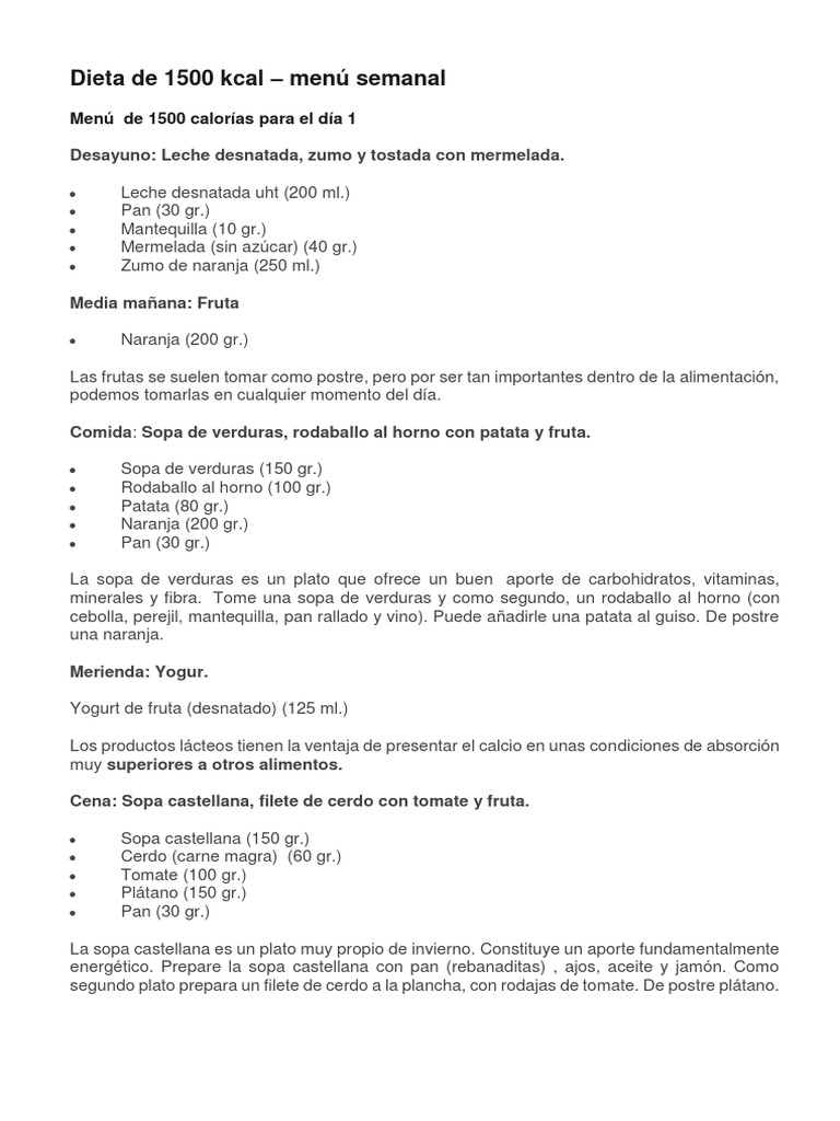 Dieta de 1500 Kcal | Descargar gratis PDF | Panes | Postres