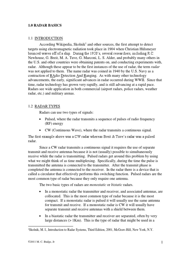 1.0 Radar Basics Skolnik, M. I., Introduction To Radar Systems, Third