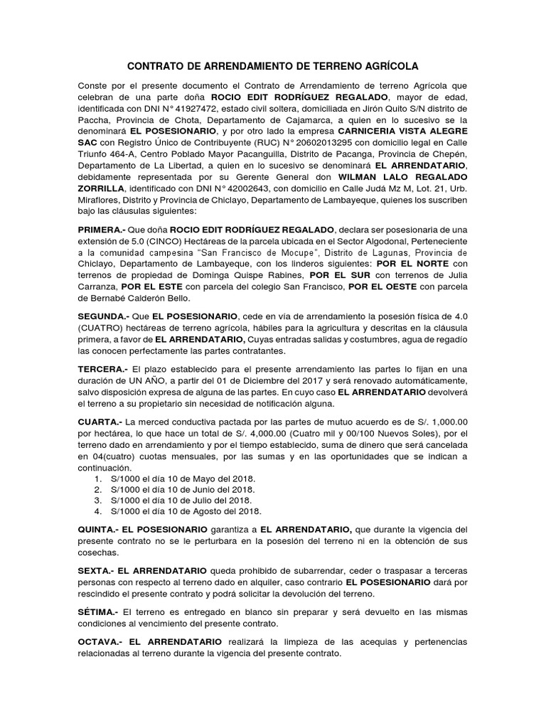 Contrato de Arrendamiento de Terreno Agrícola | PDF | Gobierno | Business
