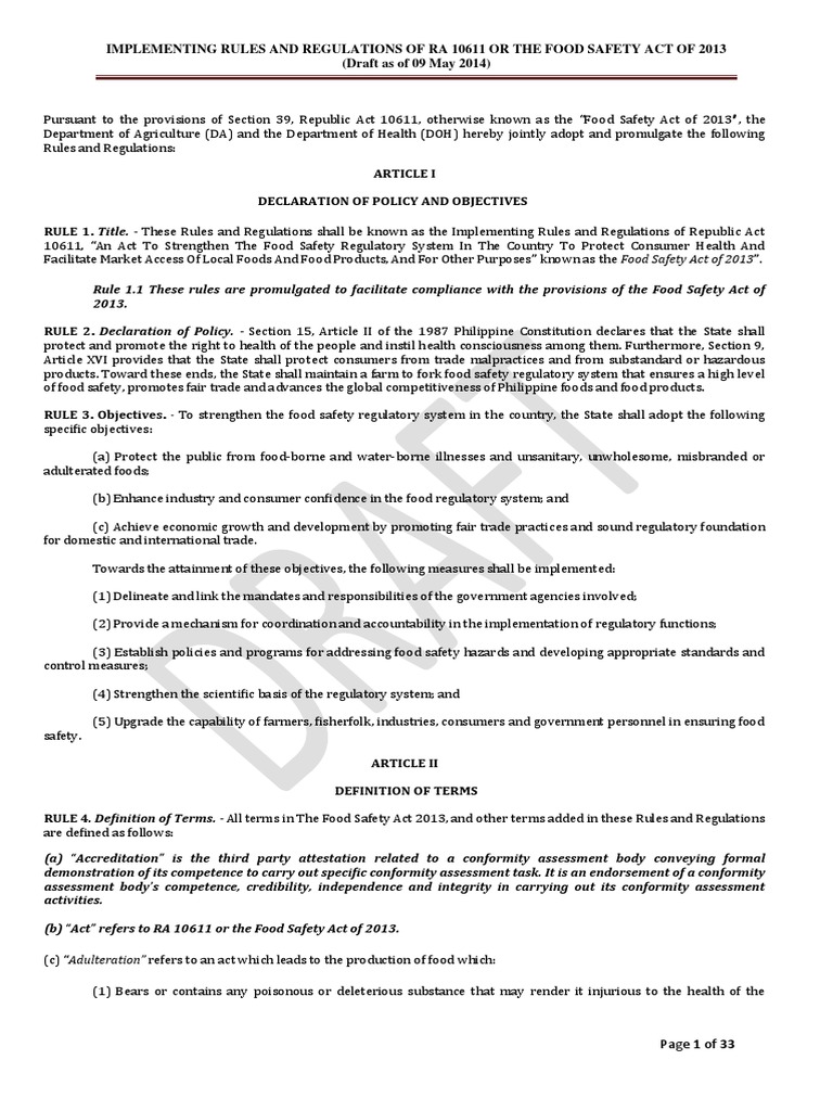 RA 10611 or the Food Safety Act 2013 Food Safety Risk Management