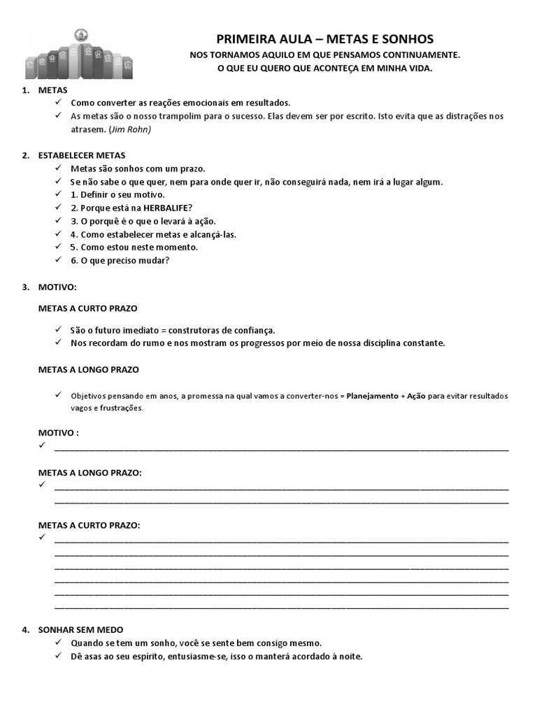 005 Aula Inicial Metas E Sonhos Pdf Confiança Emoção Economia