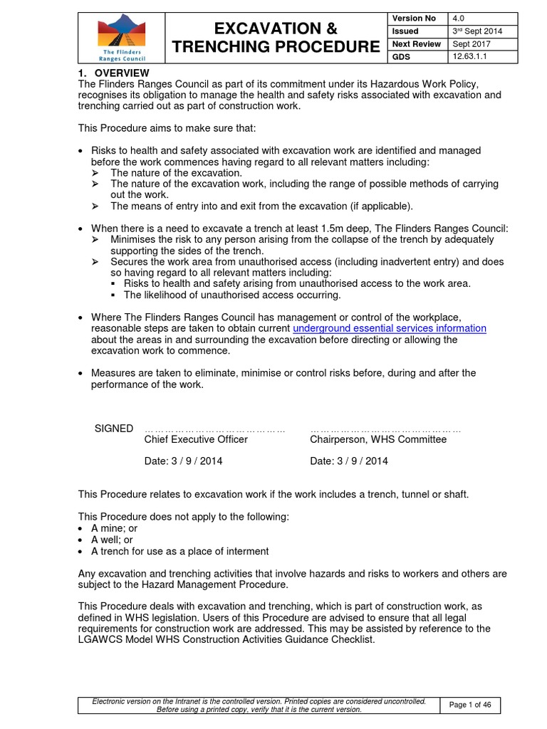 Excavation and Trenching Safety Procedure | PDF | Occupational Safety ...