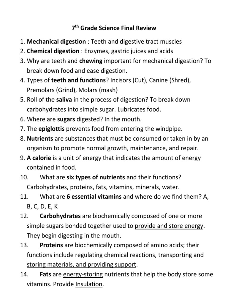 7th Grade Science Final Review Mechanical and Chemical Digestion PDF