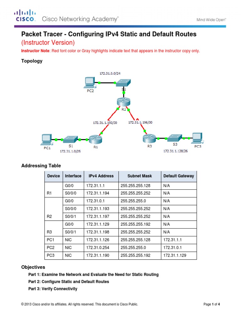 6.2.2.4 Packet Tracer - Configuring IPv4 Static and Default Routes ...