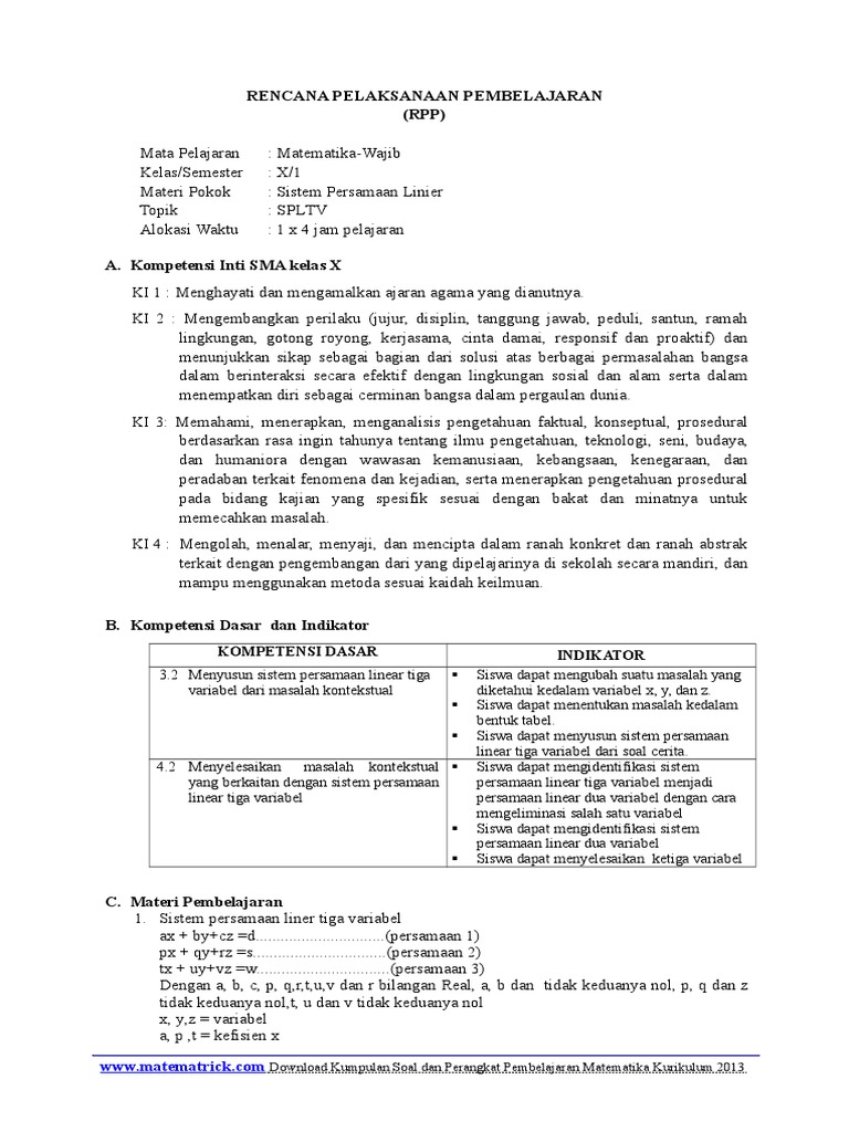 Rpp 2 Sistem Persamaan Linier 3 Variabel Doc