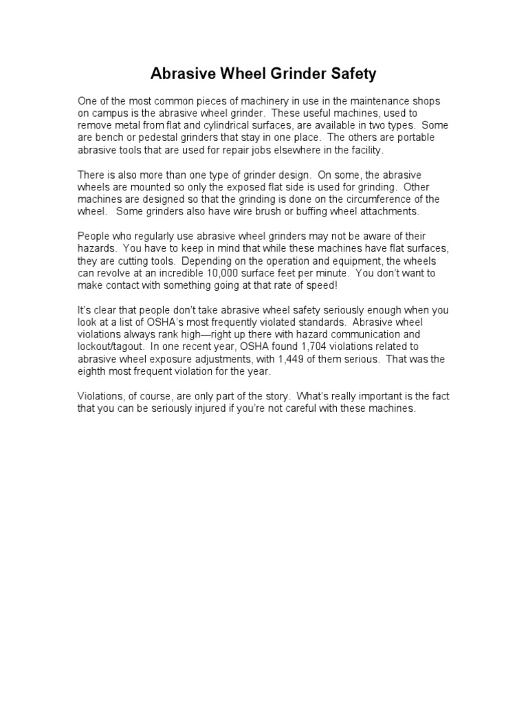 Abrasive Wheel Grinder Safety Pdf Grinding Abrasive Cutting