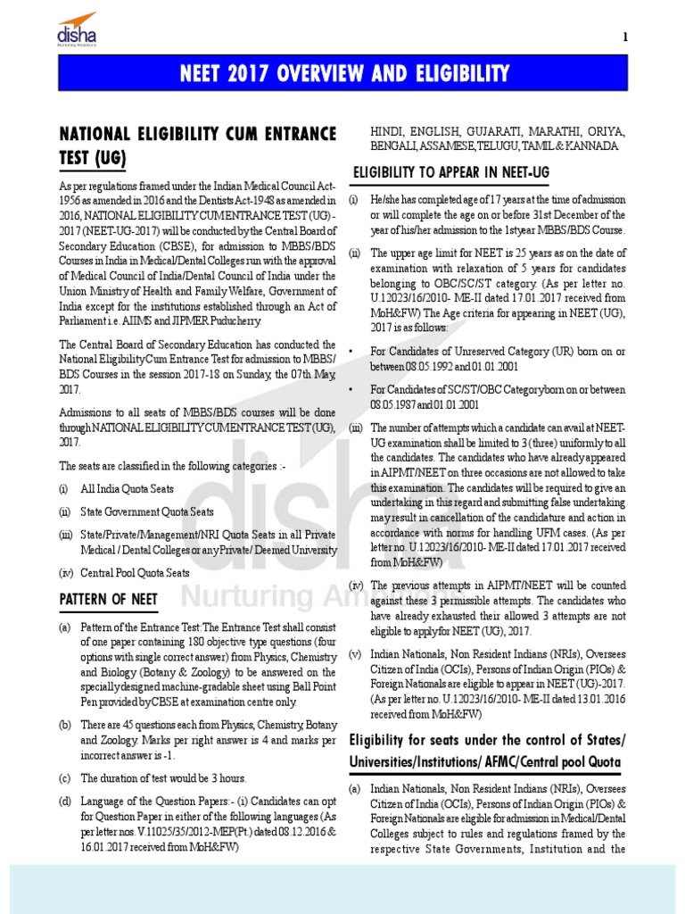 NEET 2017 Overview And Eligibility Medical Education Medicine