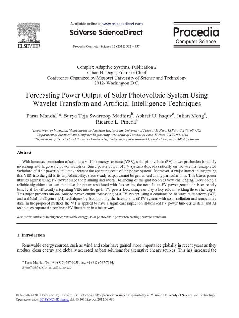 Forecasting Power Output of Solar Photovoltaic System Using Wavelet ...