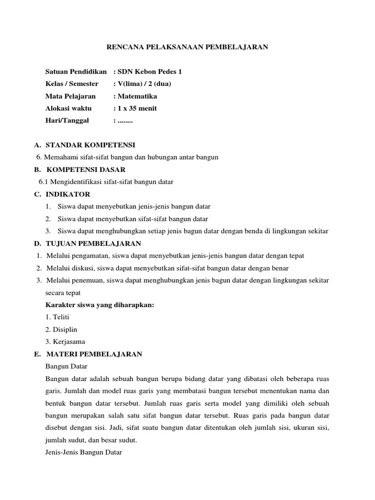 Contoh RPP MTK KTSP Bangun Datar Kelas 5 Semester 2 | PDF