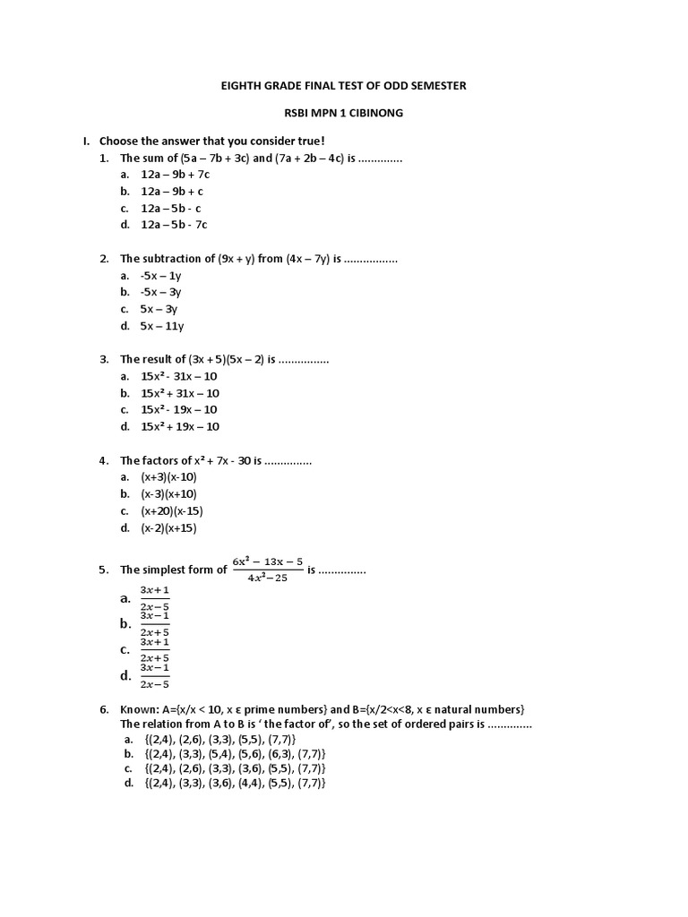 Eighth Grade Final Test of Odd Semester | PDF | Equations ...