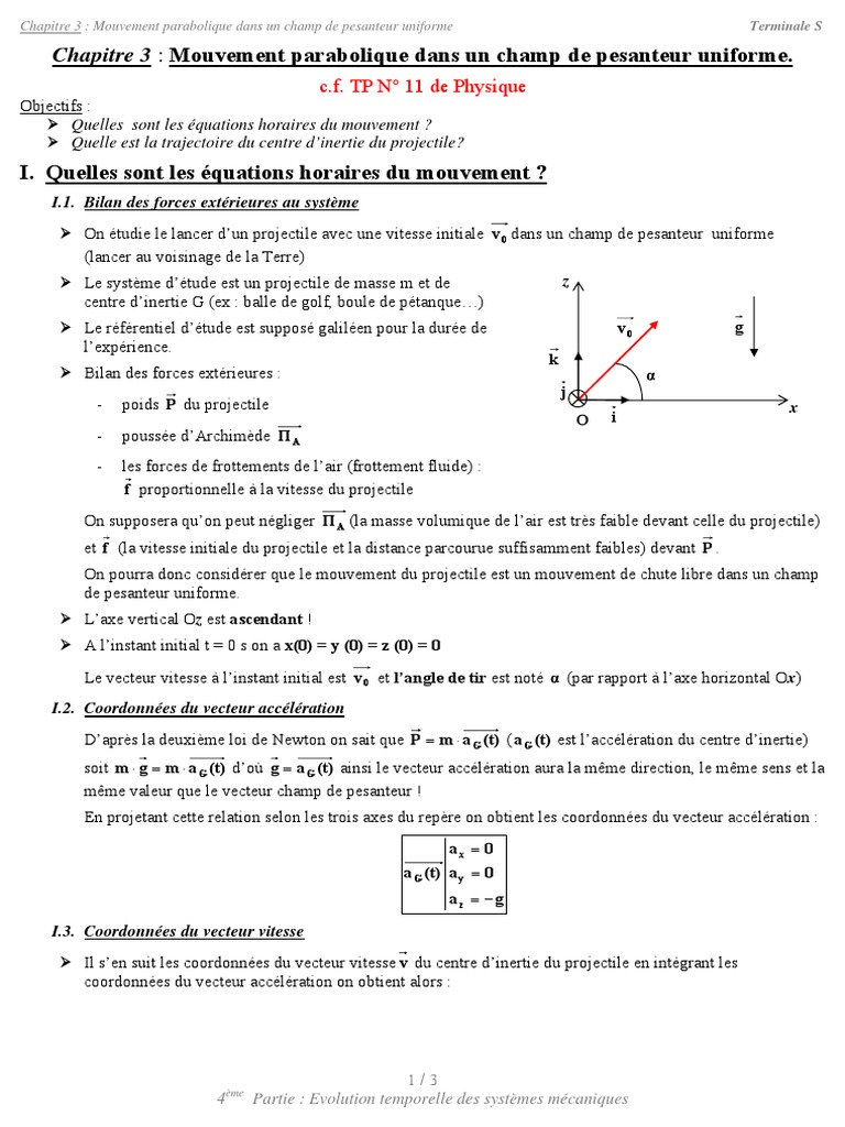 Mouvement Dans Un Champ Uniforme Exercices Corrigés Terminale Chapitre 3 Mouvement Parabolique Dans Un Champ | PDF | Centre d'inertie |  Accélération
