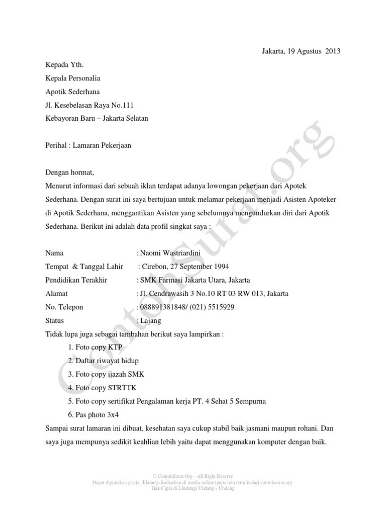 Contoh Surat Lamaran Kerja Farmasi - Homecare24
