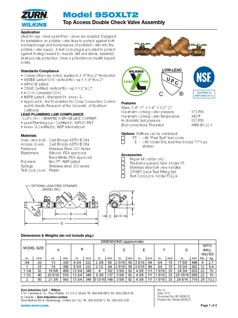 Model 950XLT2 Top Access Double Check Valve Assembly PDF Valve