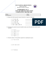 Worksheet No. 5 Solving Quadratic Equation by Completing The Square