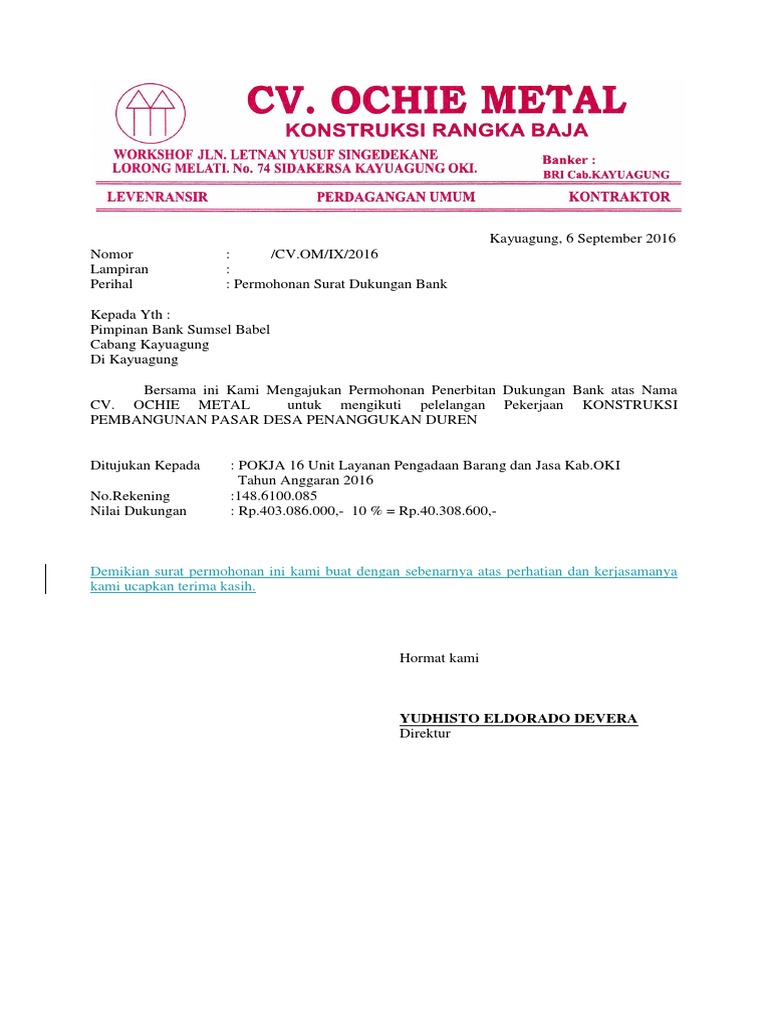 Permohonan Surat Dukungan Bank