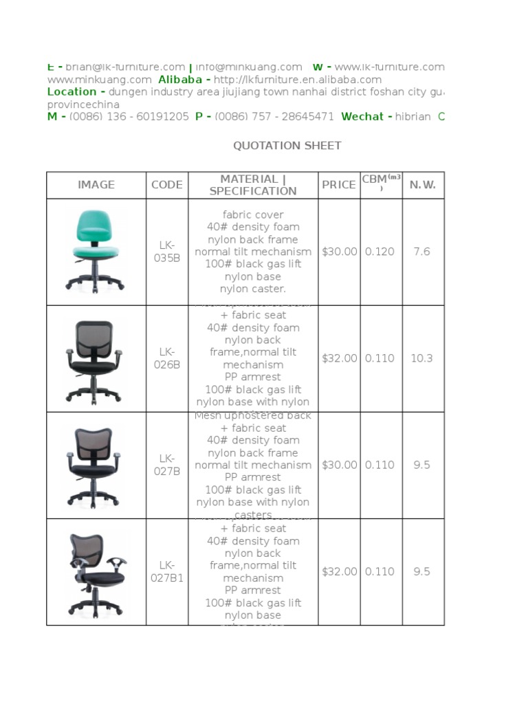 Office Chair Quotation Sheet PDF Materials