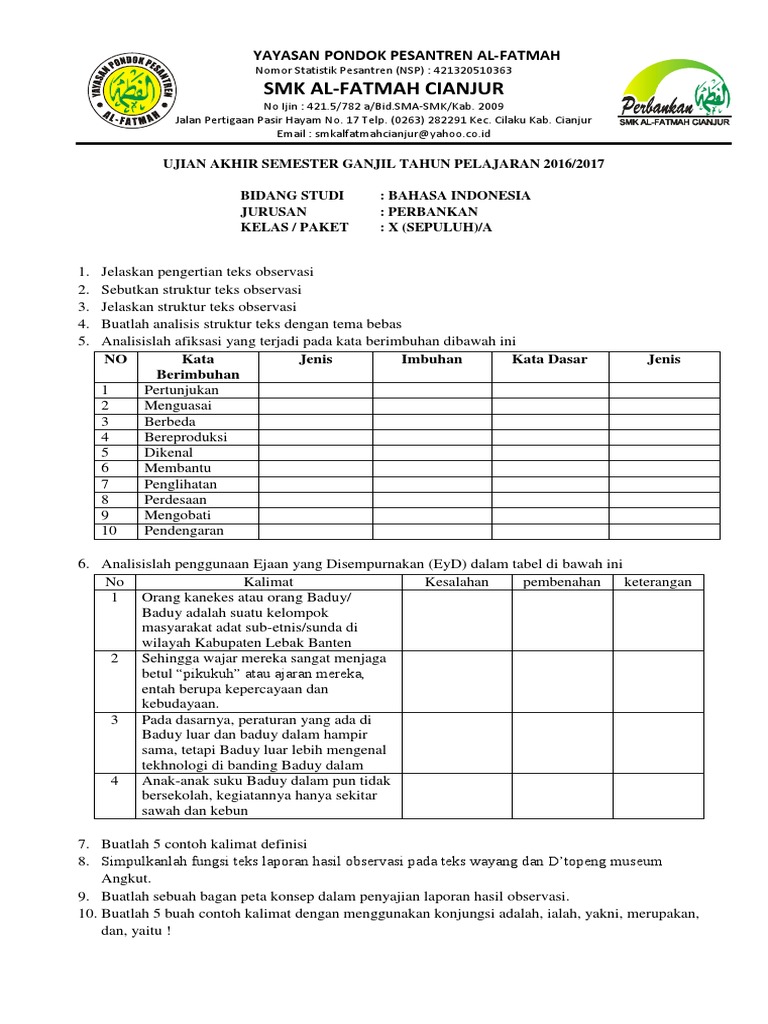 Soal Uts Bahasa Indonesia Kelas X