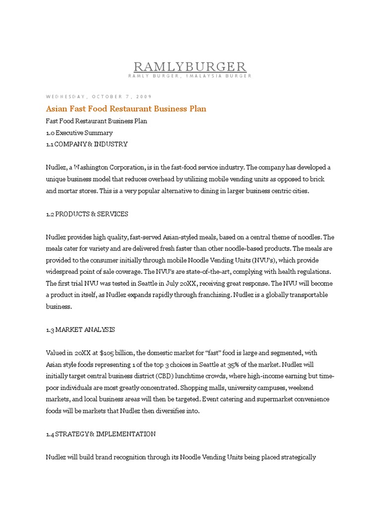 Example of Fast Food Business Plan PDF Fast Food Restaurants