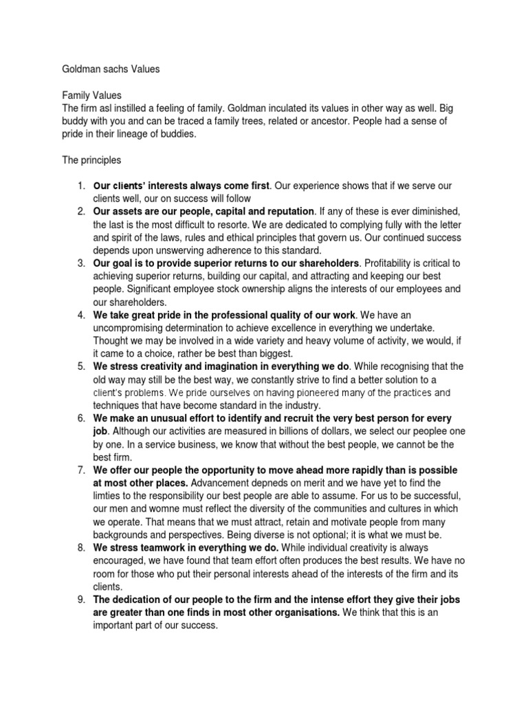 Goldman Sachs Values PDF Goldman Sachs Confidentiality