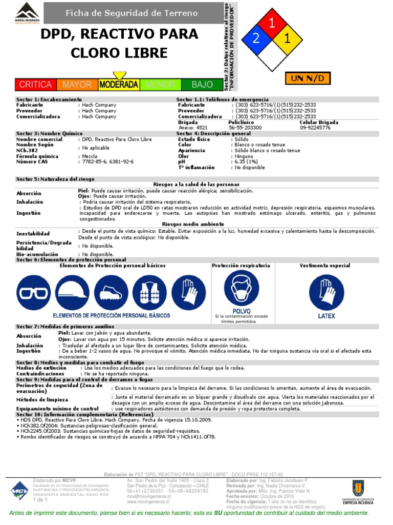 Ficha Tecnica de Cloro Libre Agua Bienestar