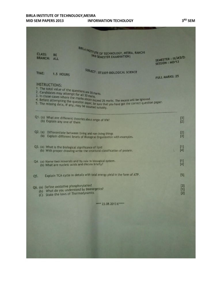 BIT Mesra IT 3rd Sem Midterm 2013 | PDF