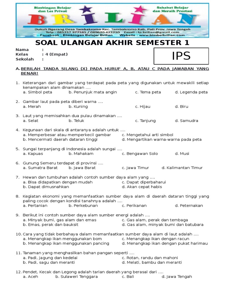 Soal Uas Ips Kelas 4 Sd Semester 1 Ganjil Dan Kunci Jawaban Www Bimbelbrilian Com