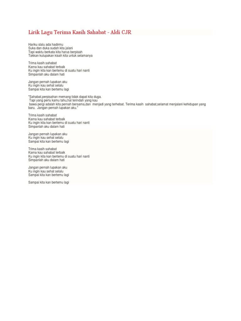 Lirik Lagu Terima Kasih Sahabat