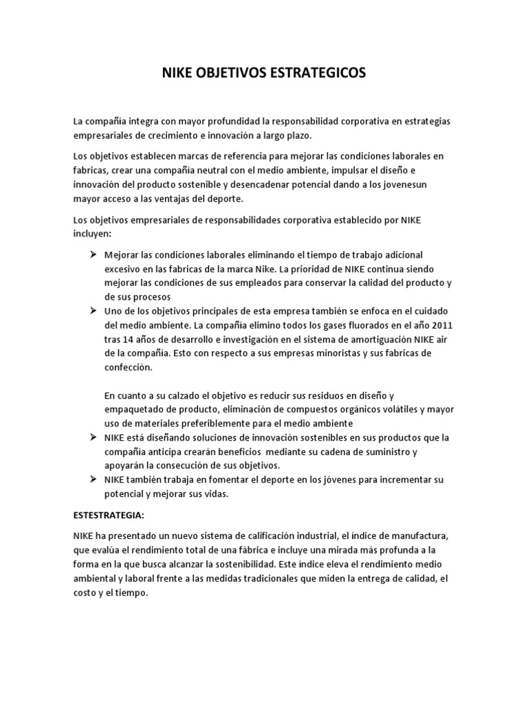 rastro pintar Conflicto Nike Objetivos Estrategicos | PDF | Nike | Sustentabilidad
