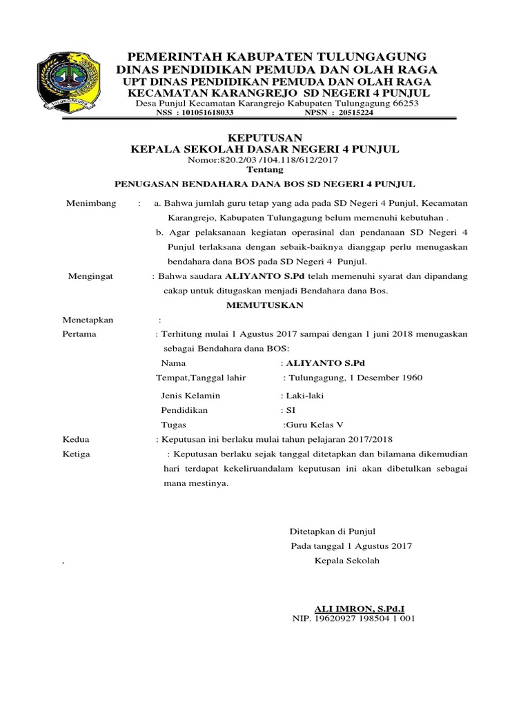 Surat Tugas Bendahara Tugas Dan Tanggungjawab Bendahara BOS Terbaru.