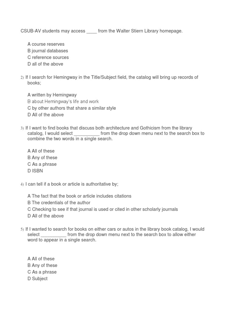 Information Literacy Quiz for CSUB-AV | PDF | Mass Media | Mail
