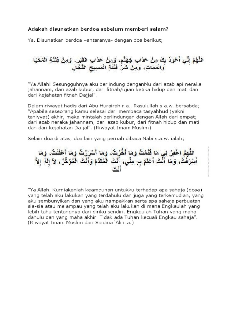 Adakah Disunatkan Berdoa Sebelum Memberi Salam