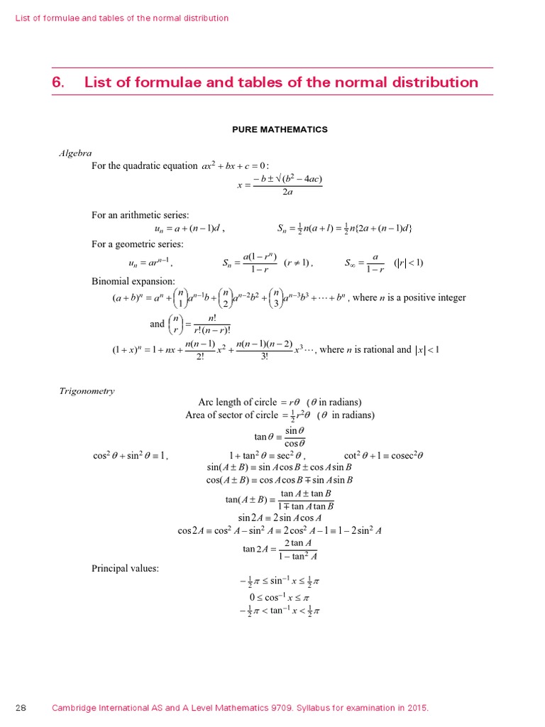 MF9 Formula Sheet Variance Sine