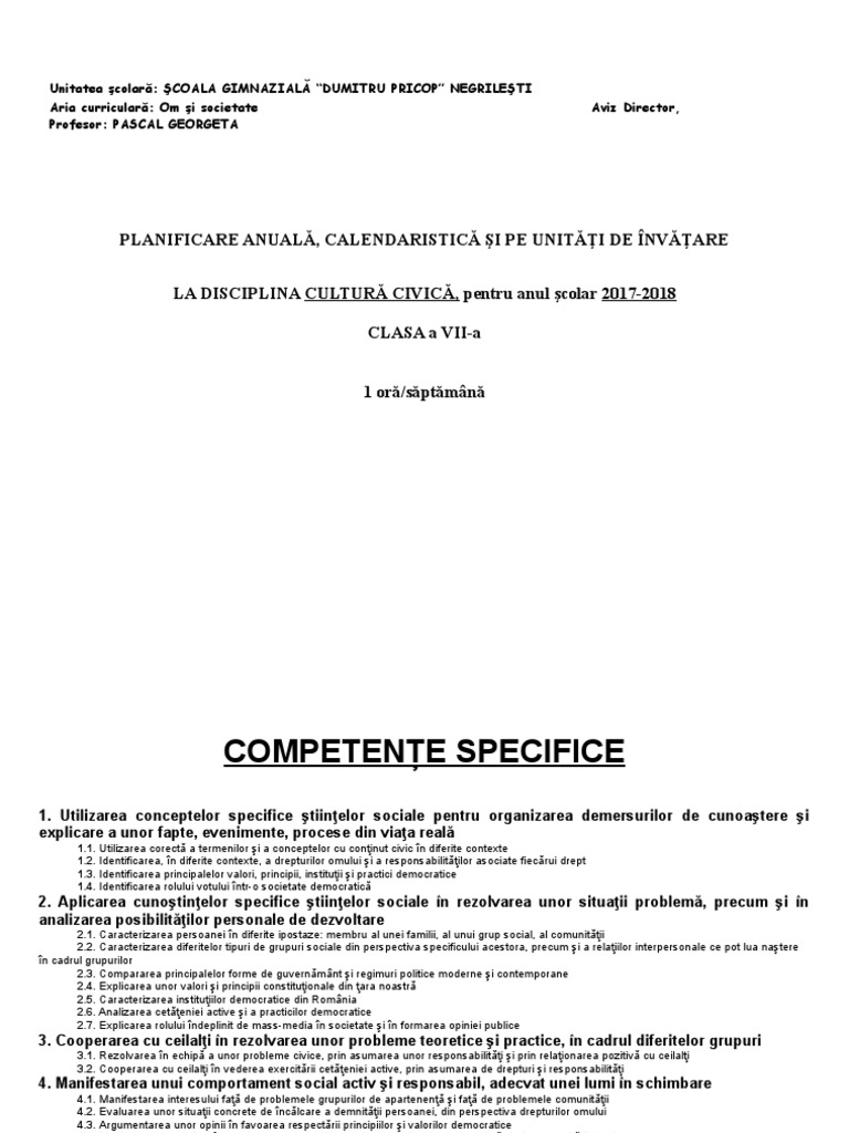 1 Planificare Cultura Civica Clasa A Vii A
