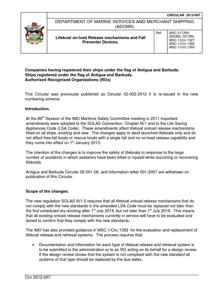 Circular 2012 007 Fall Protection Devices And Lifeboat - 