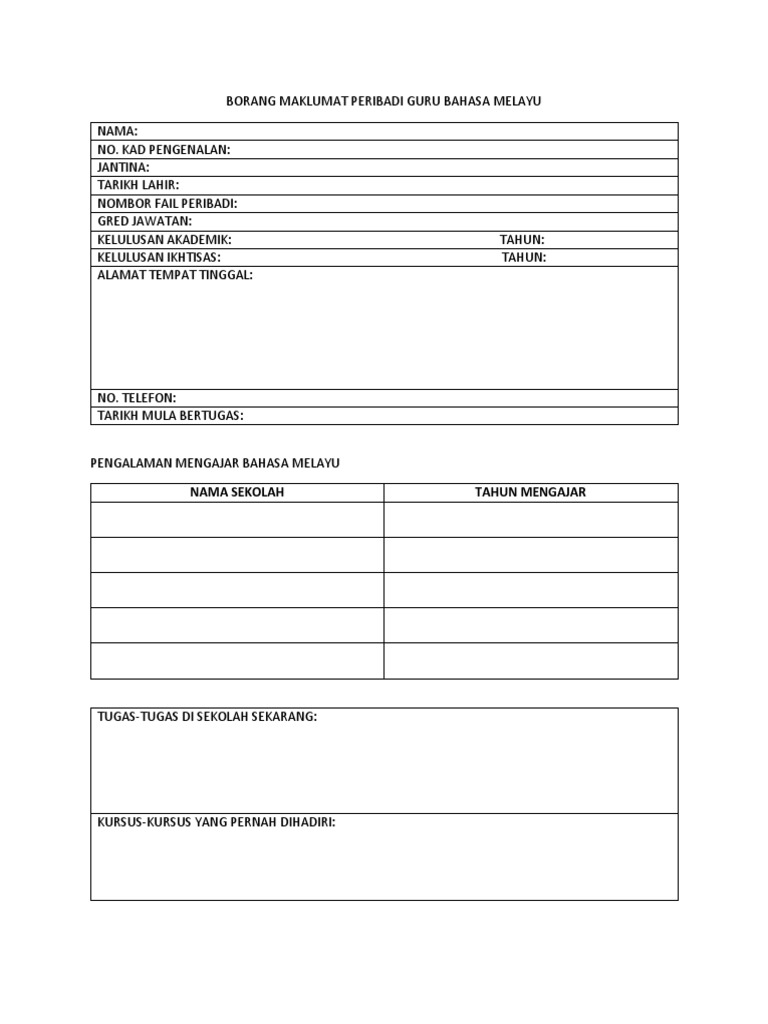 Borang Maklumat Peribadi Guru Bahasa Melayu  PDF