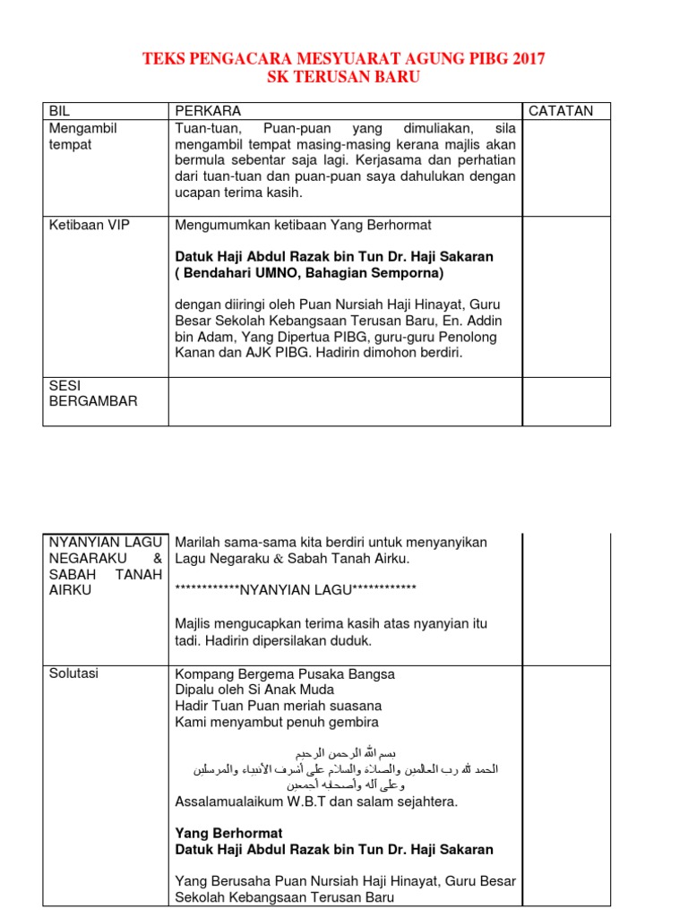 Teks Pengacara Mesyuarat Agung Pibg 2017