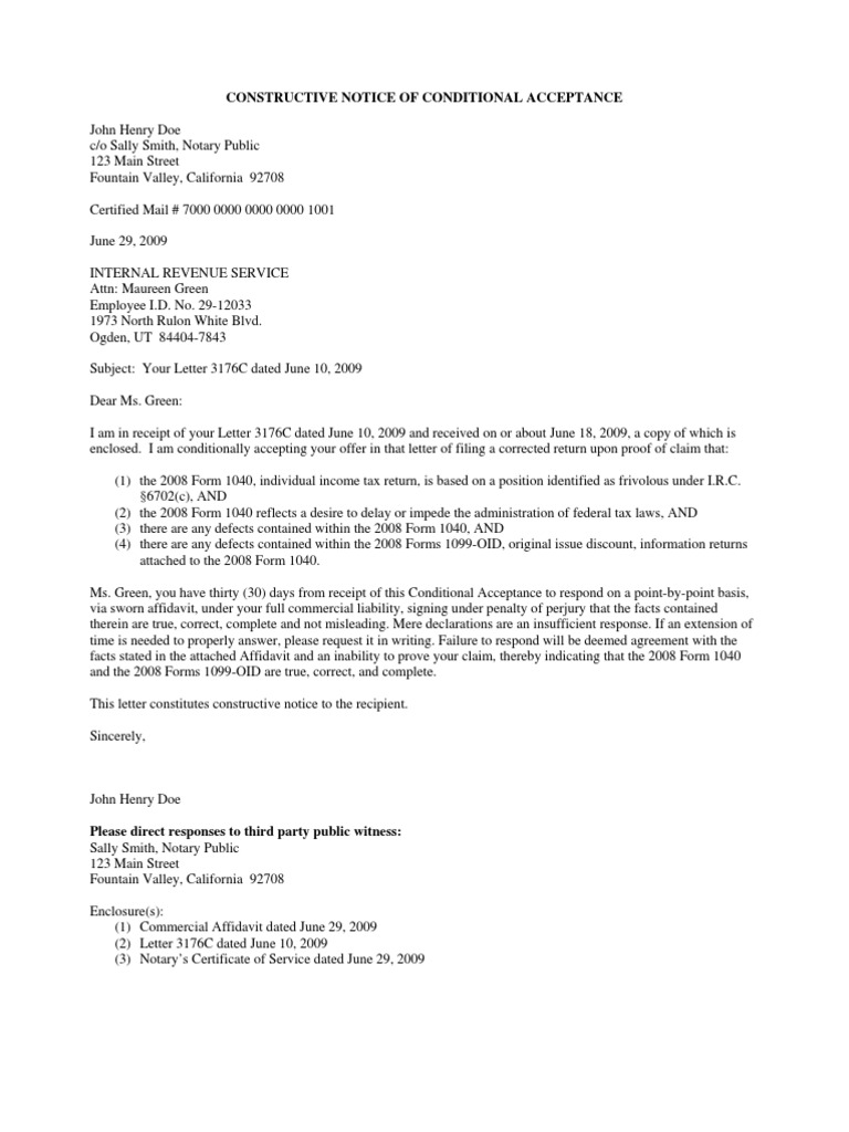 Conditional Acceptance of IRS Letter 3176C | PDF | Affidavit | Notary ...