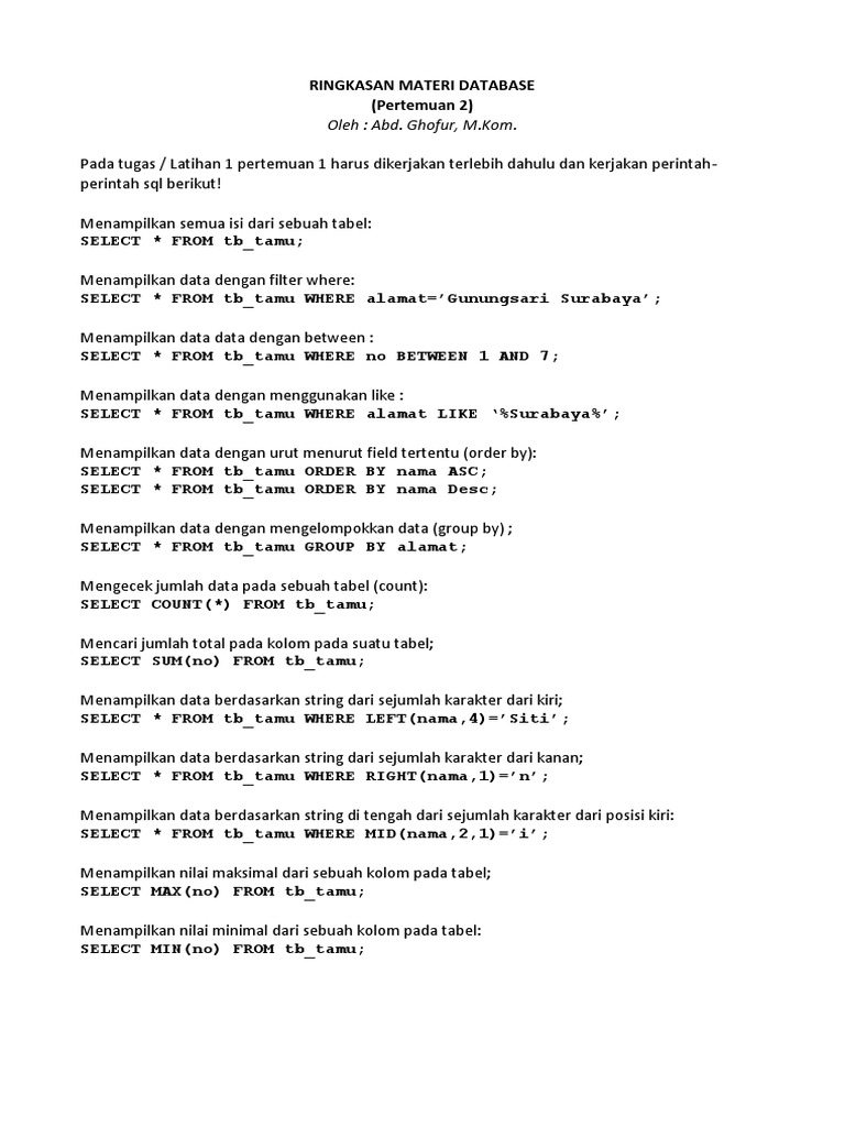 Pertemuan 2 - Ringkasan Database Dengan Mysql | PDF