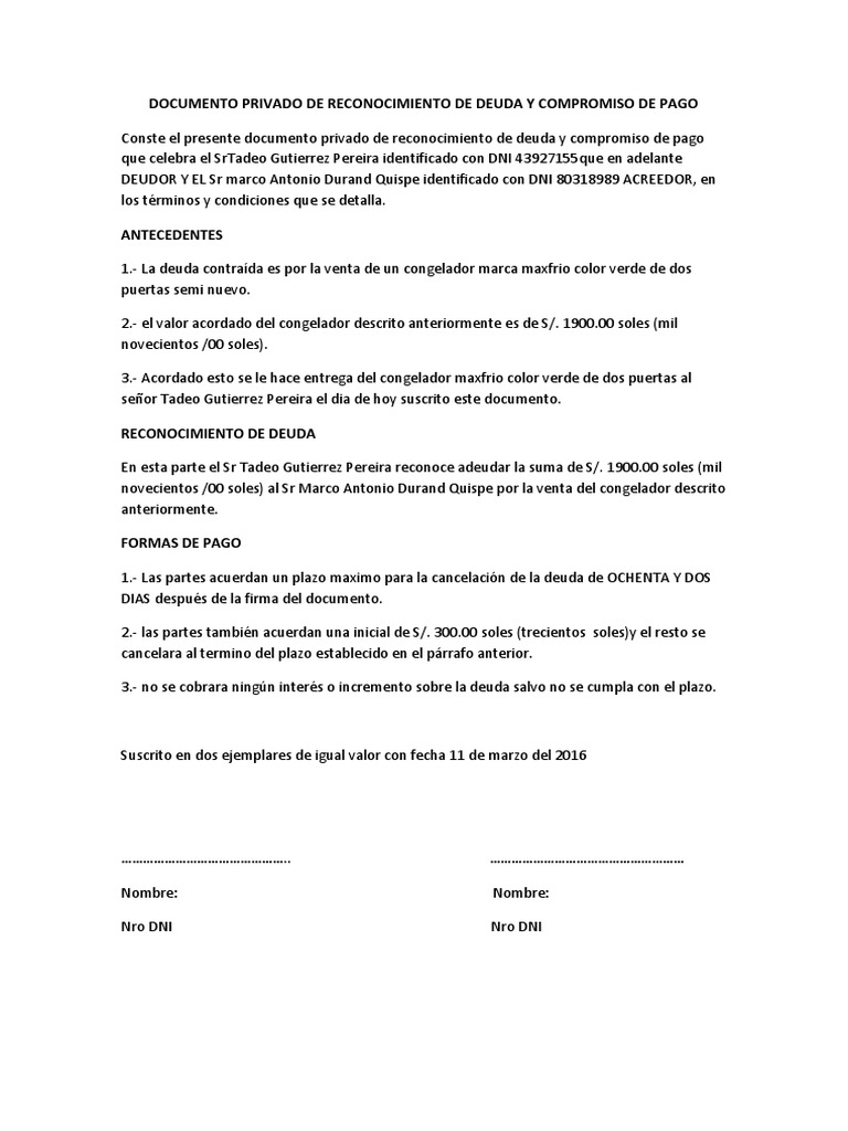 Documento Privado de Reconocimiento de Deuda y Compromiso de Pago