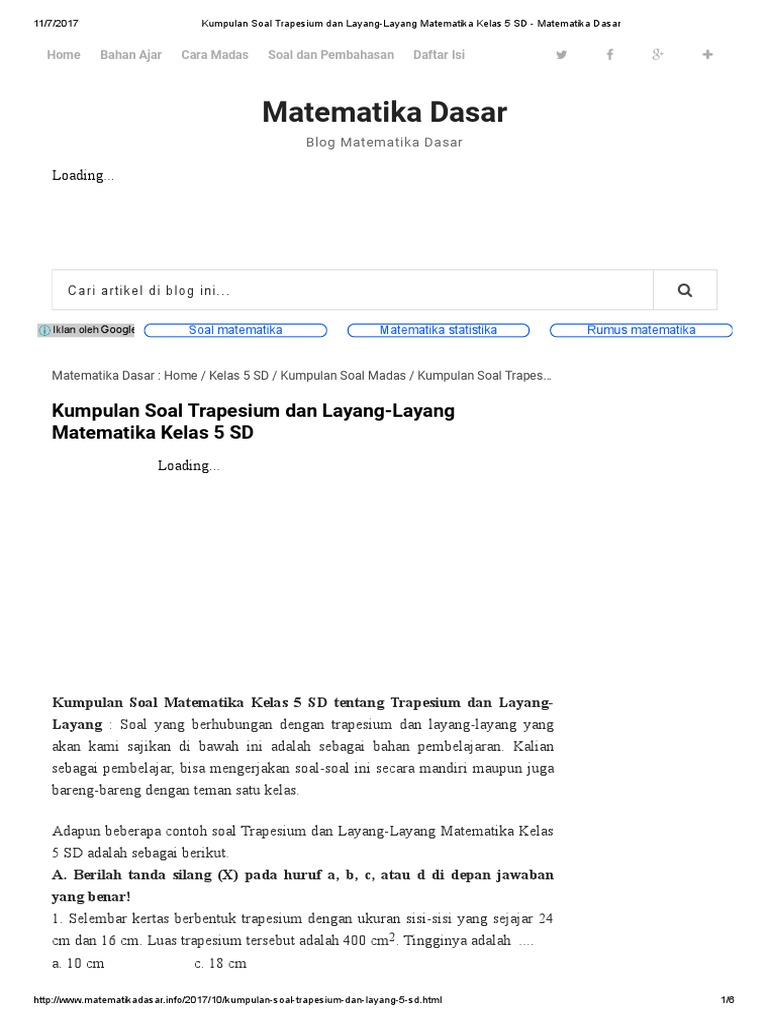 Kumpulan Soal Trapesium Dan LayangLayang Matematika Kelas