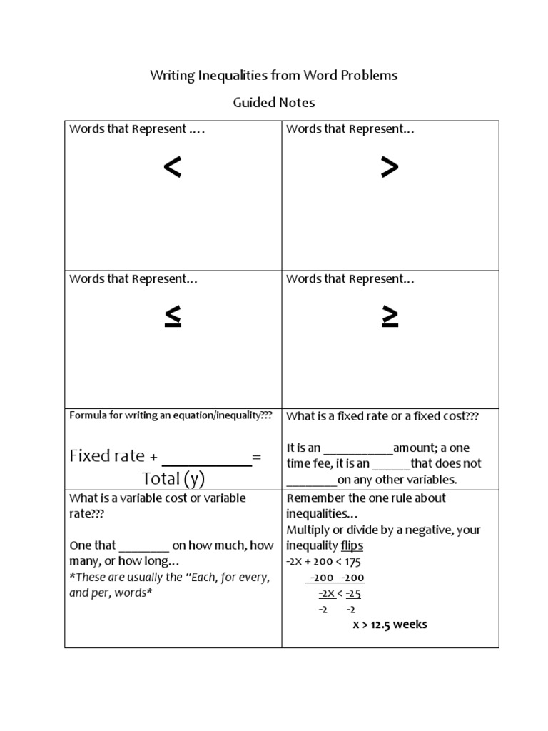 Writing Inequalities From Word Problems Guided Notes PDF