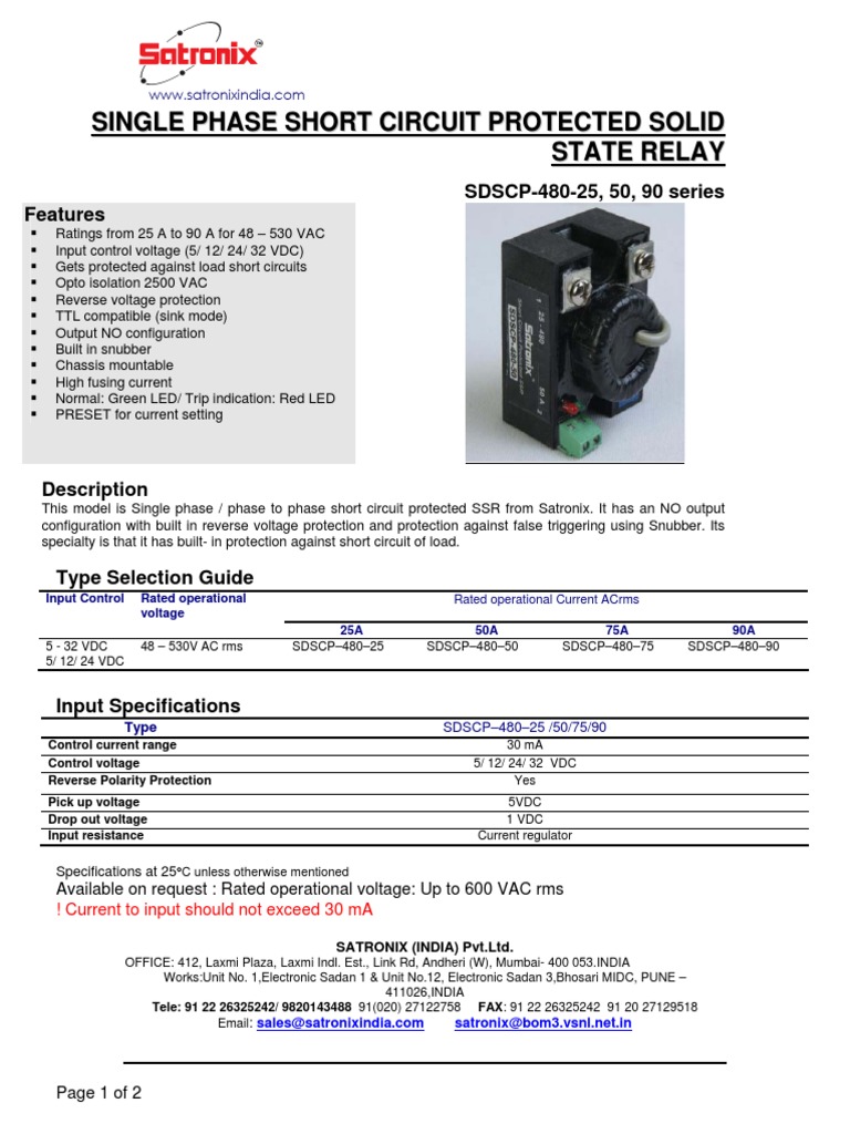 Single Phase Short Circuit Protected Solid State Relay Datasheet PDF Relay Force