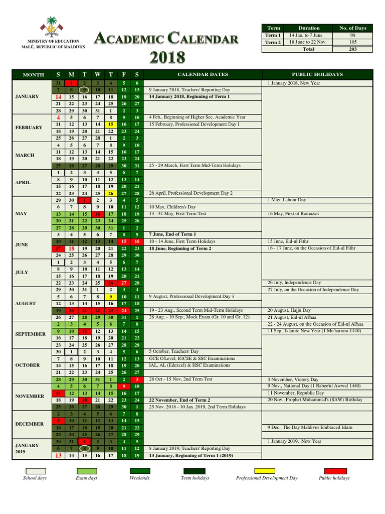 Maldives Academic Calendar 2018 | PDF | Academic Term | Educational  Organizations